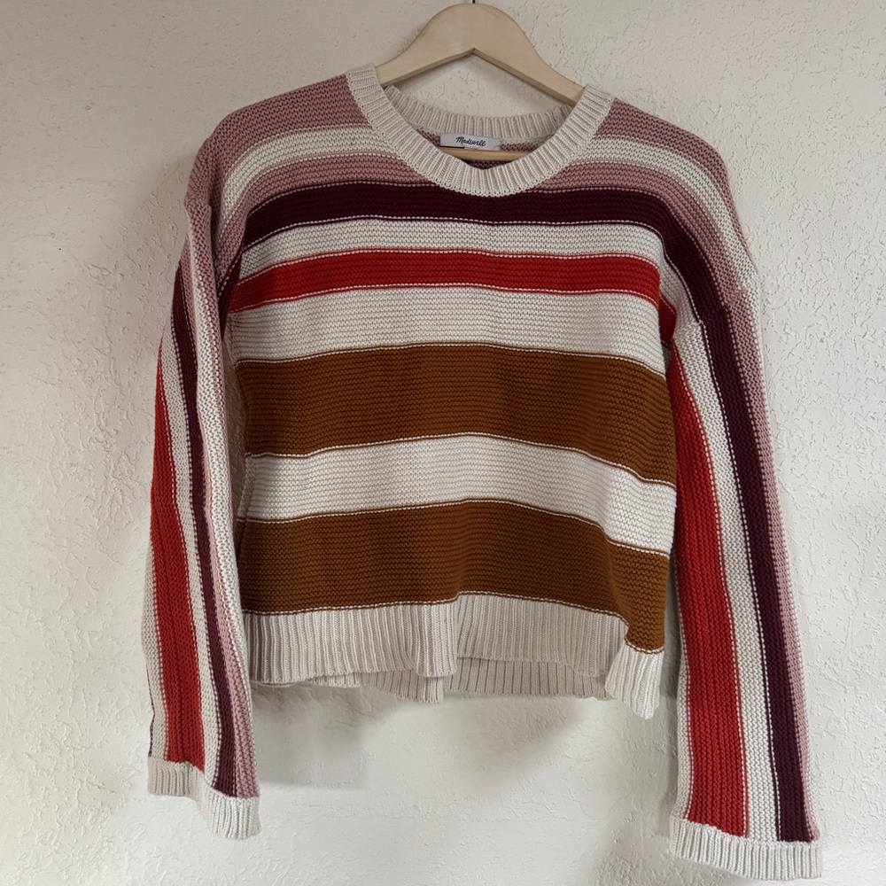 Madewell Women's Striped Sweater in Red, Brown, and Cream
